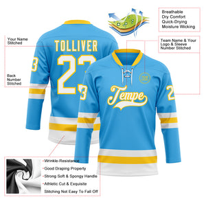 Custom Sky Blue White-Yellow Hockey Lace Neck Jersey