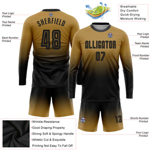 Custom Old Gold Black Sublimation Long Sleeve Fade Fashion Soccer Uniform Jersey