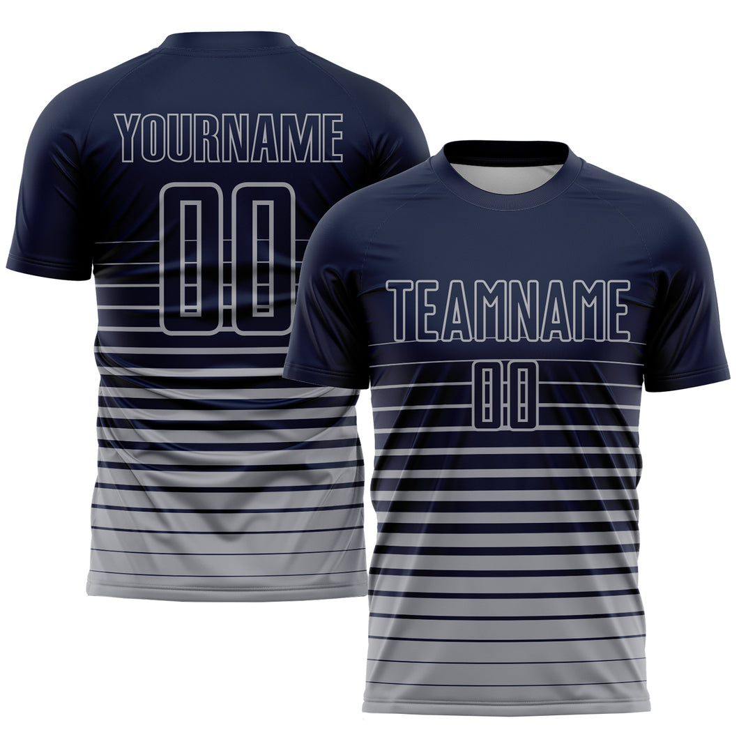 Custom Navy Gray Pinstripe Fade Fashion Sublimation Soccer Uniform Jersey