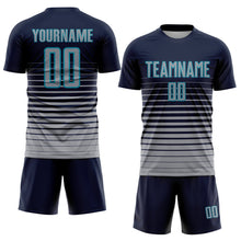 Load image into Gallery viewer, Custom Navy Gray-Teal Pinstripe Fade Fashion Sublimation Soccer Uniform Jersey
