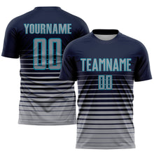 Load image into Gallery viewer, Custom Navy Gray-Teal Pinstripe Fade Fashion Sublimation Soccer Uniform Jersey
