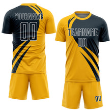 Load image into Gallery viewer, Custom Gold Navy-White Curve Lines Sublimation Soccer Uniform Jersey
