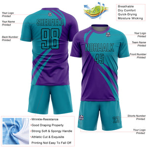 Custom Purple Teal-Black Curve Lines Sublimation Soccer Uniform Jersey