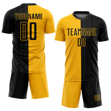Load image into Gallery viewer, Custom Gold Black Pinstripe Split Fashion Sublimation Soccer Uniform Jersey
