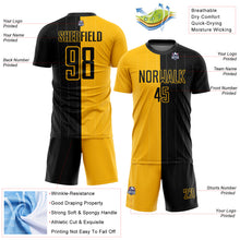 Load image into Gallery viewer, Custom Gold Black Pinstripe Split Fashion Sublimation Soccer Uniform Jersey
