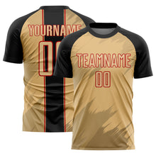 Load image into Gallery viewer, Custom Old Gold Black-Red Sharp Shapes Sublimation Soccer Uniform Jersey
