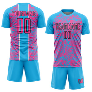 Custom Sky Blue Pink-Black Abstract Fluid Sublimation Soccer Uniform Jersey