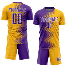 Load image into Gallery viewer, Custom Gold Purple-White Gradient Arrow Sublimation Soccer Uniform Jersey
