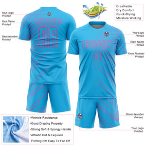 Custom Sky Blue Pink Lines Sublimation Soccer Uniform Jersey