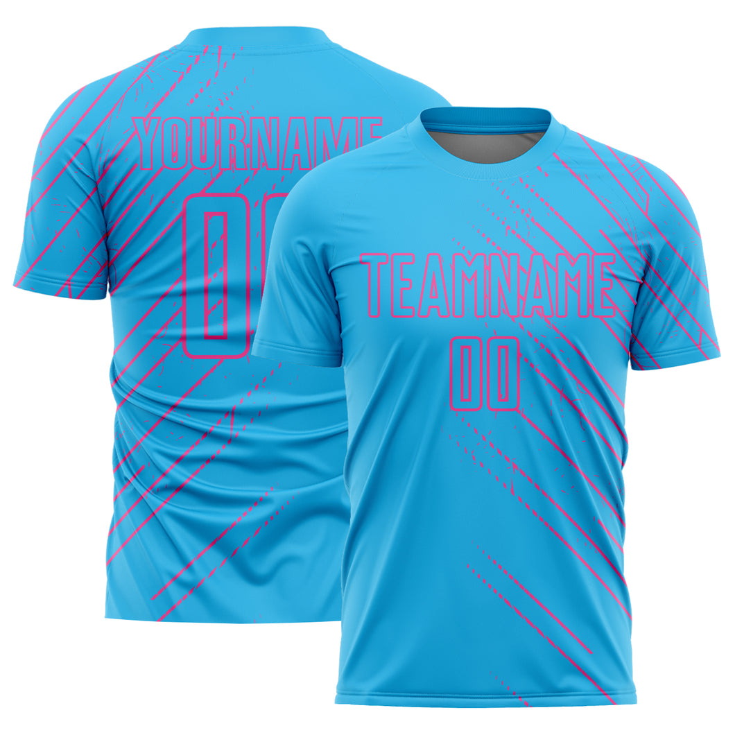 Custom Sky Blue Pink Lines Sublimation Soccer Uniform Jersey