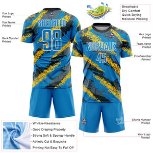 Custom Electric Blue Yellow-White Sublimation Soccer Uniform Jersey