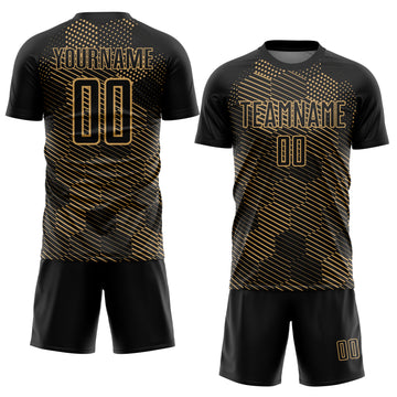 Custom Black Old Gold Abstract Hexagon Sublimation Soccer Uniform Jersey