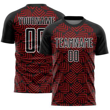 Custom Black Red-White Abstract Geometric Shapes Sublimation Soccer Uniform Jersey