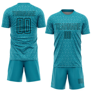 Custom Teal Black Geometric Pattern Sublimation Soccer Uniform Jersey