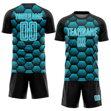 Custom Black Lakes Blue-White Hexagons Pattern Sublimation Soccer Uniform Jersey