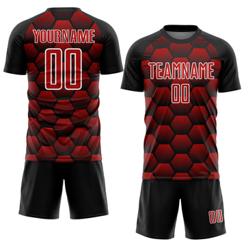 Custom Black Red-White Hexagons Pattern Sublimation Soccer Uniform Jersey
