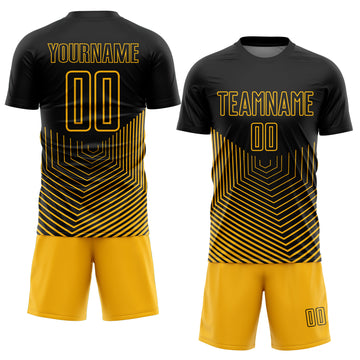 Custom Black Gold Geometric Lines Sublimation Soccer Uniform Jersey
