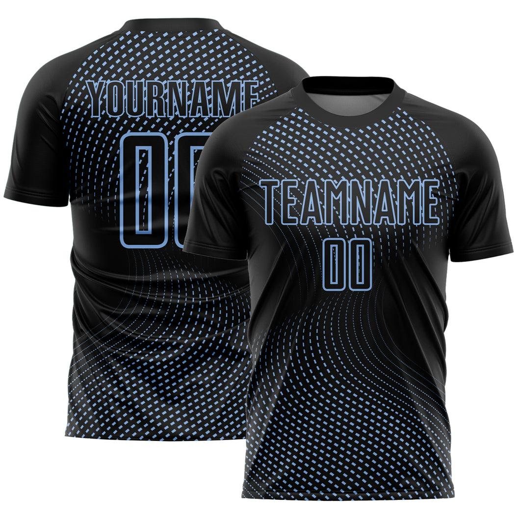 Custom Black Light Blue Geometric Lines Sublimation Soccer Uniform Jersey