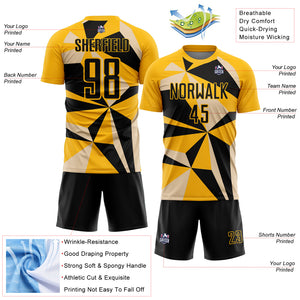 Custom Gold Black Geometric Pattern Sublimation Soccer Uniform Jersey