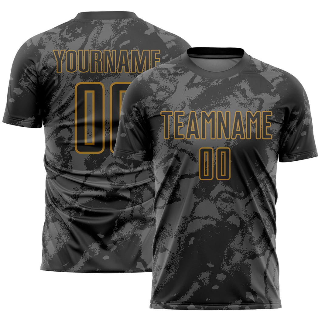 Custom Black Gray-Old Gold Abstract Grunge Art Sublimation Soccer Uniform Jersey