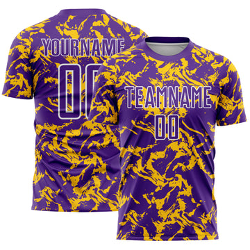 Custom Purple Gold-White Abstract Fluid Sublimation Soccer Uniform Jersey