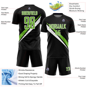 Custom Black Neon Green-White Diagonal Lines Sublimation Soccer Uniform Jersey