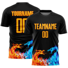 Load image into Gallery viewer, Custom Black Yellow-Orange Dragon Flame Sublimation Soccer Uniform Jersey
