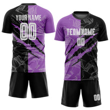 Load image into Gallery viewer, Custom Graffiti Pattern Black-Medium Purple Scratch Sublimation Soccer Uniform Jersey
