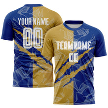 Load image into Gallery viewer, Custom Graffiti Pattern Old Gold-Royal Scratch Sublimation Soccer Uniform Jersey
