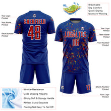 Load image into Gallery viewer, Custom Royal Red-Gold Abstract Fragment Art Sublimation Soccer Uniform Jersey
