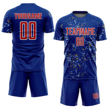 Load image into Gallery viewer, Custom Royal Red Old Gold-Light Blue Abstract Fragment Art Sublimation Soccer Uniform Jersey
