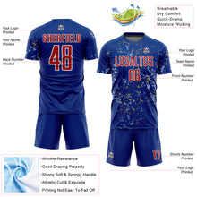 Load image into Gallery viewer, Custom Royal Red Old Gold-Light Blue Abstract Fragment Art Sublimation Soccer Uniform Jersey
