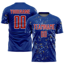 Load image into Gallery viewer, Custom Royal Red Old Gold-Light Blue Abstract Fragment Art Sublimation Soccer Uniform Jersey
