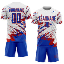Load image into Gallery viewer, Custom White Thunder Blue-Red Abstract Fragment Art Splash Sublimation Soccer Uniform Jersey

