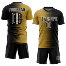 Load image into Gallery viewer, Custom Black Old Gold-White Gradient Line Sublimation Soccer Uniform Jersey
