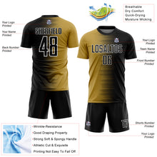 Load image into Gallery viewer, Custom Black Old Gold-White Gradient Line Sublimation Soccer Uniform Jersey
