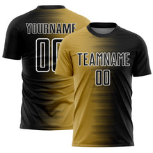 Load image into Gallery viewer, Custom Black Old Gold-White Gradient Line Sublimation Soccer Uniform Jersey
