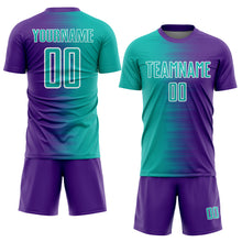 Load image into Gallery viewer, Custom Purple Aqua-White Gradient Line Sublimation Soccer Uniform Jersey
