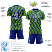 Load image into Gallery viewer, Custom Royal Neon Green-White Line Sublimation Soccer Uniform Jersey
