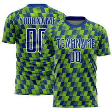Load image into Gallery viewer, Custom Royal Neon Green-White Line Sublimation Soccer Uniform Jersey
