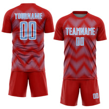 Load image into Gallery viewer, Custom Red Light Blue-White Line Sublimation Soccer Uniform Jersey
