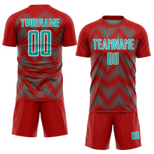 Load image into Gallery viewer, Custom Red Aqua-White Line Sublimation Soccer Uniform Jersey
