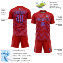 Load image into Gallery viewer, Custom Red Medium Purple-Black Line Sublimation Soccer Uniform Jersey
