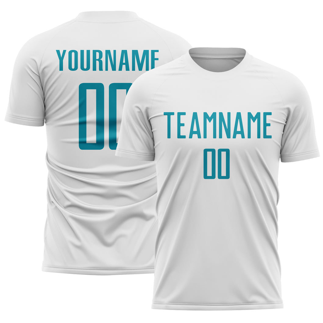 Custom White Teal Sublimation Soccer Uniform Jersey