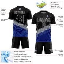 Load image into Gallery viewer, Custom Black Gray-Royal Gradient Geometric Shape Sublimation Soccer Uniform Jersey
