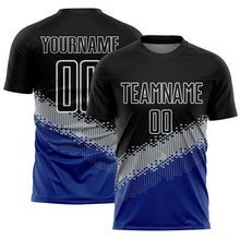 Load image into Gallery viewer, Custom Black Gray-Royal Gradient Geometric Shape Sublimation Soccer Uniform Jersey
