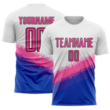 Load image into Gallery viewer, Custom White Pink Thunder Blue-Black Gradient Geometric Shape Sublimation Soccer Uniform Jersey
