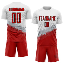 Load image into Gallery viewer, Custom White Red Gray-Black Gradient Geometric Shape Sublimation Soccer Uniform Jersey
