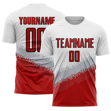 Load image into Gallery viewer, Custom White Red Gray-Black Gradient Geometric Shape Sublimation Soccer Uniform Jersey
