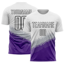 Load image into Gallery viewer, Custom White Gray Purple-Black Gradient Geometric Shape Sublimation Soccer Uniform Jersey
